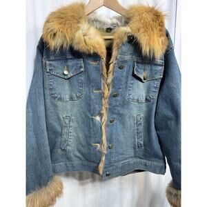 Damselle New York Y2K Denim Jacket with Fur Collar and Sleeves Size M